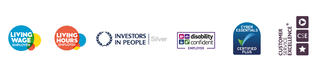 "Row of accreditation logos including Living Wage Employer, Living Hours, Investors in People Silver, Disability Confident Employer, Cyber Essentials Certified Plus, and Customer Service Excellence."